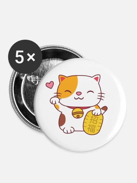 Japanische Viel Glück Charme Maneki Neko Katze - Buttons groß 56 mm (5er Pack) - Weiß