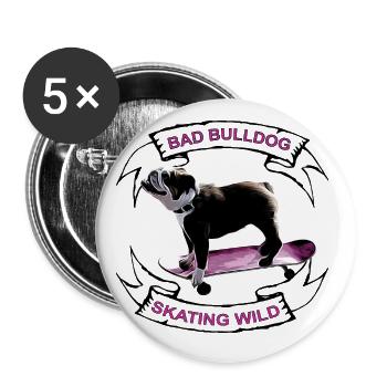 Bulldog skater « Bo » black - Lot de 5 grands badges (56 mm) - blanc - Devant