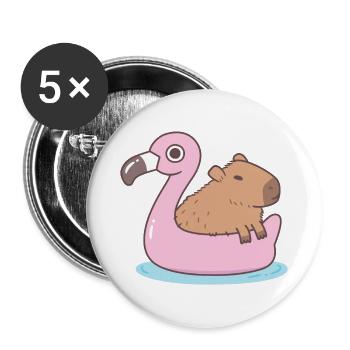 Cute Capybara Chilling On Flamingo Pool Float - Buttons large 2.2''/56 mm (5-pack) - white - Front