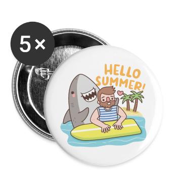 Lustiger Hai und Surfer, Hallo Sommer - Buttons groß 56 mm (5er Pack) - Weiß - Vorne