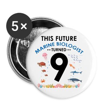 Fête d’anniversaire en biologie marine 9 ans neuf - Lot de 5 grands badges (56 mm) - blanc - Devant
