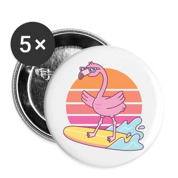 Funny Flamingo Surfing On Surfboard Sunset - Buttons large 2.2''/56 mm (5-pack) - white - Front