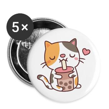 Cute Calico Cat Loves Bubble Tea With Boba Pearls - Buttons large 2.2''/56 mm (5-pack) - white - Front
