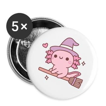 Mignonne sorcière Axolotl sur balai volant - Lot de 5 grands badges (56 mm) - blanc - Devant