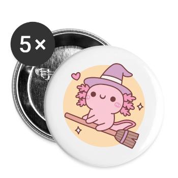 Mignonne sorcière Axolotl sur un balai volant au-dessus de la lune - Lot de 5 grands badges (56 mm) - blanc - Devant