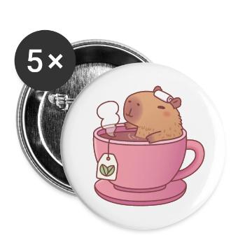 Mignon Capybara relaxant avec du thé - Lot de 5 grands badges (56 mm) - blanc - Devant