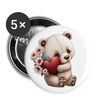 Cute bear with heart and flowers - Buttons large 2.2''/56 mm (5-pack) - white - Front