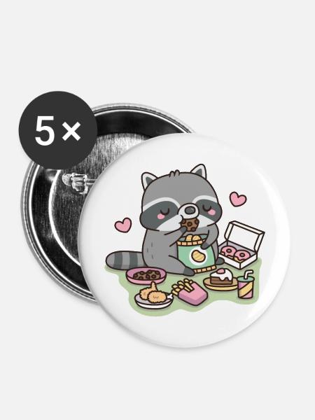 Waschbär isst Junk Food - Buttons groß 56 mm (5er Pack) - Weiß