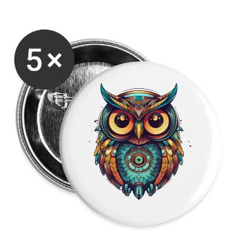 Eule mit Federn, Boho, Cartoon Style, geometrisch - Buttons groß 56 mm (5er Pack) - Weiß - Vorne