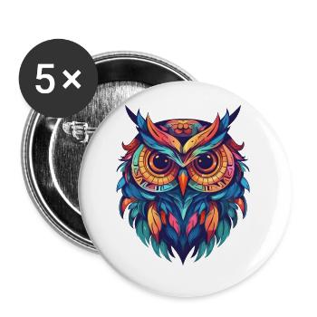Indie-style owl with colorful feathers - Buttons large 2.2''/56 mm (5-pack) - white - Front