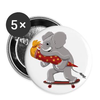 Elefant mit Skateboard und Schultüte - Buttons groß 56 mm (5er Pack) - Weiß - Vorne