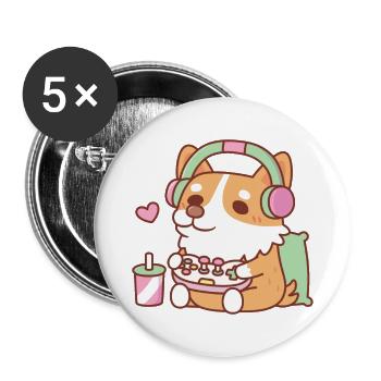 Mignon Corgi Puppy Gamer jouant à des jeux vidéo - Lot de 5 grands badges (56 mm) - blanc - Devant