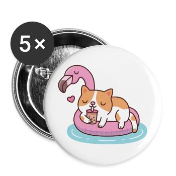 Niedliche Katze mit Boba-Tee, die auf Flamingo-Schwimmer chillt - Buttons groß 56 mm (5er Pack) - Weiß - Vorne