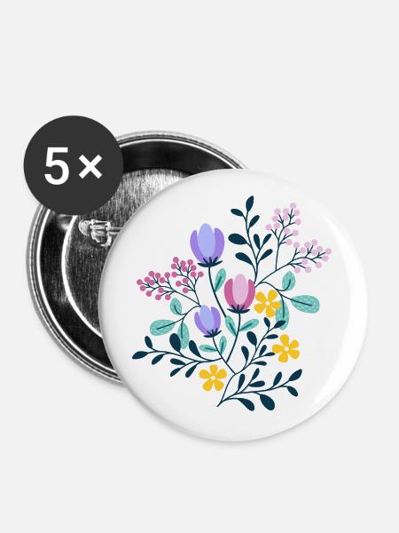 Rosa, lila und gelbe BLUMEN - Buttons groß 56 mm (5er Pack) - Weiß