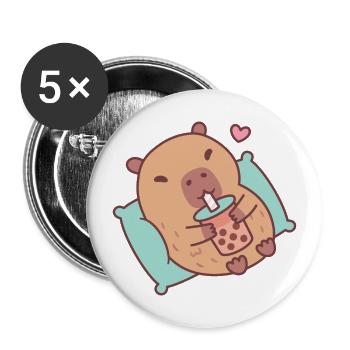 Cute Capybara Chilling And Drinking Bubble Tea - Buttons large 2.2''/56 mm (5-pack) - white - Front