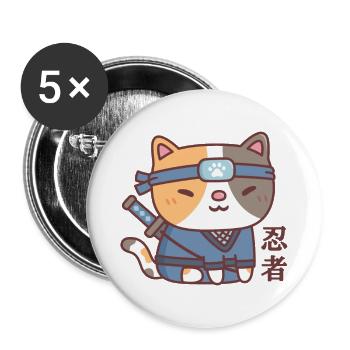 Chat Ninja mignon Doodle - Lot de 5 grands badges (56 mm) - blanc - Devant