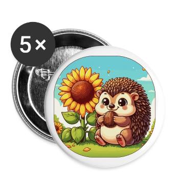 Süßer Igel mit Sonnenblume auf einer Wiese - Buttons groß 56 mm (5er Pack) - Weiß - Vorne