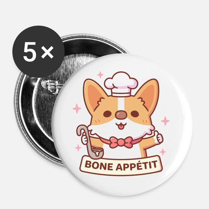 Cute Corgi Chef Bone Appétit Funny Pun - Buttons large 2.2''/56 mm (5-pack) - white