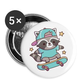 Niedlicher Waschbär mit Hut, der Stunts auf dem Skateboard macht - Buttons groß 56 mm (5er Pack) - Weiß - Vorne