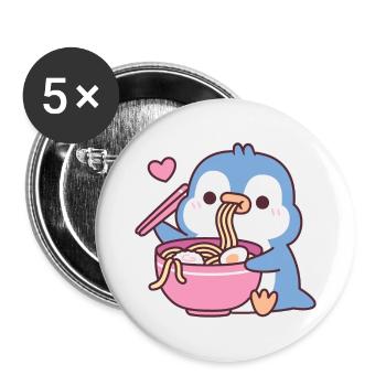 Le mignon pingouin bleu adore manger des nouilles ramen - Lot de 5 grands badges (56 mm) - blanc - Devant