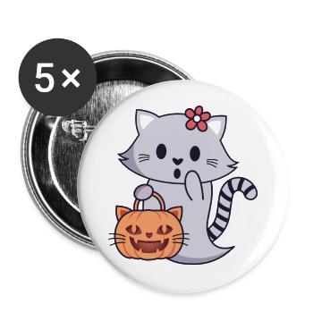 Cat Ghost with Pumpkin Bag - Buttons large 2.2''/56 mm (5-pack) - white - Front