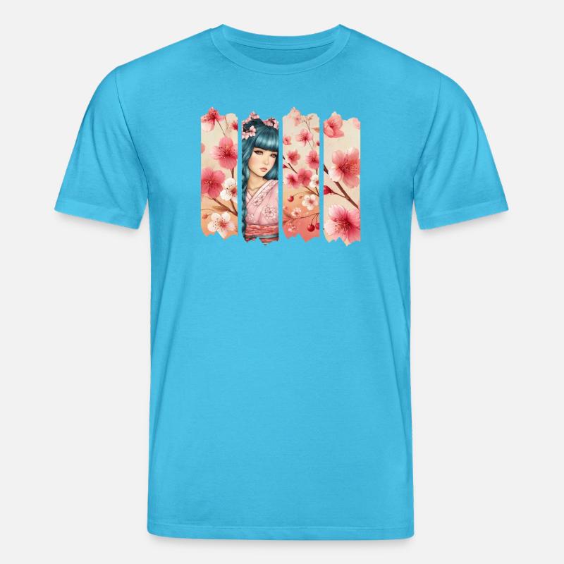 Kirschblüten Kimono Panel Portrait - Stanley/Stella Unisex Bio-T-Shirt CREATOR  - Aquablau