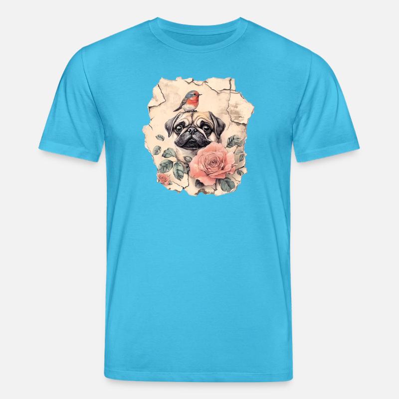 Mops mit Rotkehlchen - Stanley/Stella Unisex Bio-T-Shirt CREATOR  - Aquablau