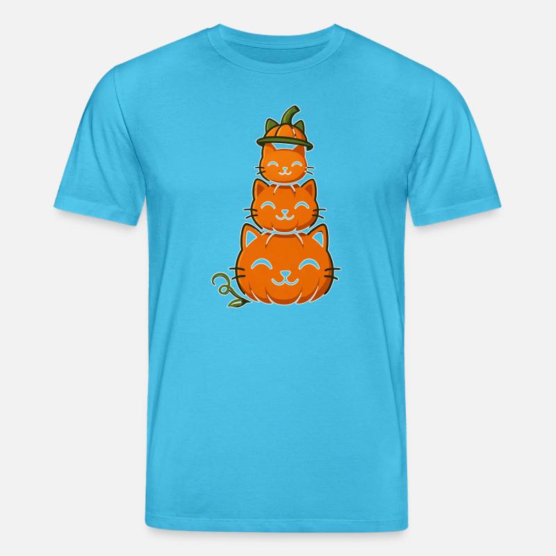 Happy Pumpkin Cat Stack - Stanley/Stella CREATOR Unisex Organic T-Shirt - aqua blue