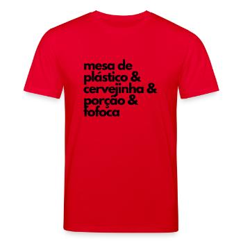 Mesa de Plástico, Cervejinha, Porção e Fofoca - T-shirt bio CREATOR Stanley/Stella Unisexe - rouge - Devant - Alina (178cm) & Michal (187cm)
