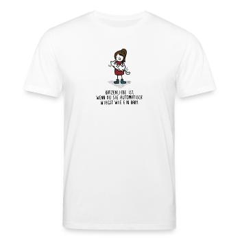 Katzenliebe ist - automatisch wiegen wie ein Baby - Stanley/Stella Unisex Bio-T-Shirt CREATOR  - Weiß - Vorne - Alina (178cm) & Michal (187cm)