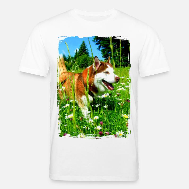 Husky dans un champ de fleurs - T-shirt bio CREATOR Stanley/Stella Unisexe - blanc