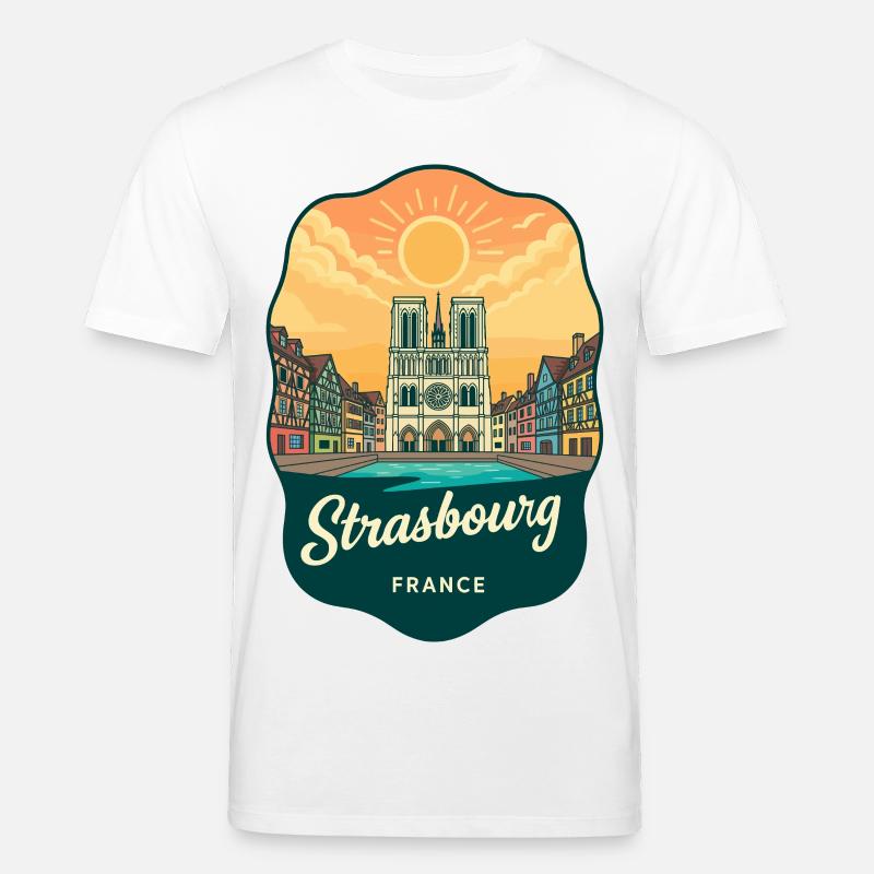 Straßburger Kathedral Retro-Sonnenuntergangsabzeichen - Stanley/Stella Unisex Bio-T-Shirt CREATOR  - Weiß