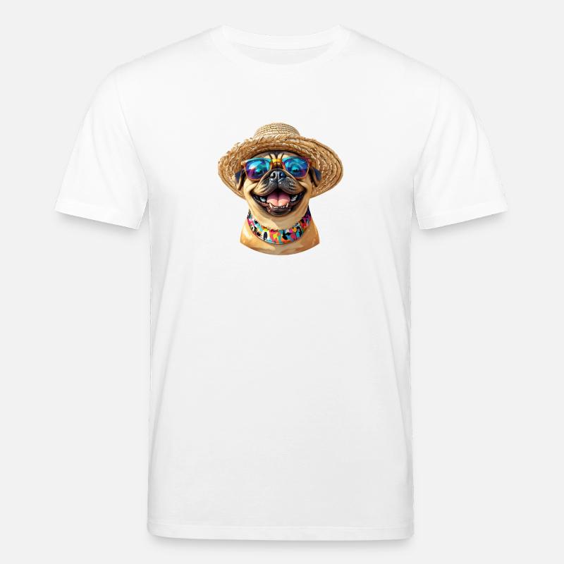 Fröhlicher Mops mit Sonnenbrille & Strohhut - Stanley/Stella Unisex Bio-T-Shirt CREATOR  - Weiß