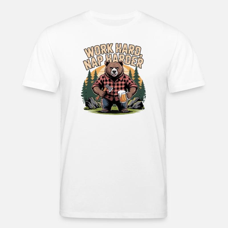 Work Hard Nap Harder Bear - Stanley/Stella CREATOR Unisex Organic T-Shirt - white