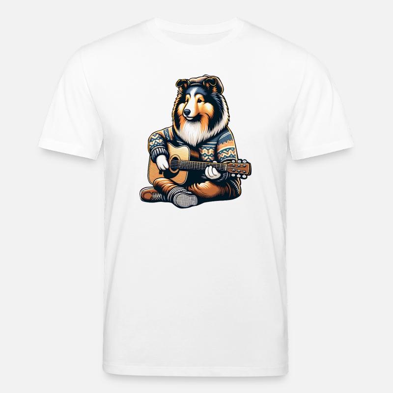Collie Mit Akustikgitarre Im Strickpullover - Stanley/Stella Unisex Bio-T-Shirt CREATOR  - Weiß
