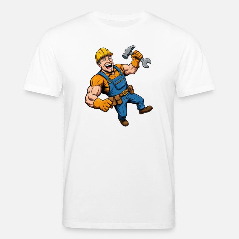 Fröhlicher Comic-Bauarbeiter mit Werkzeug - Stanley/Stella Unisex Bio-T-Shirt CREATOR  - Weiß