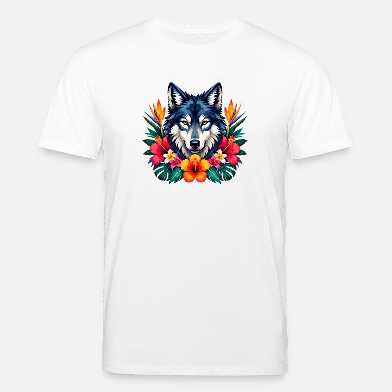 Wolfskopf mit Tropenblumen - Stanley/Stella Unisex Bio-T-Shirt CREATOR  - Weiß