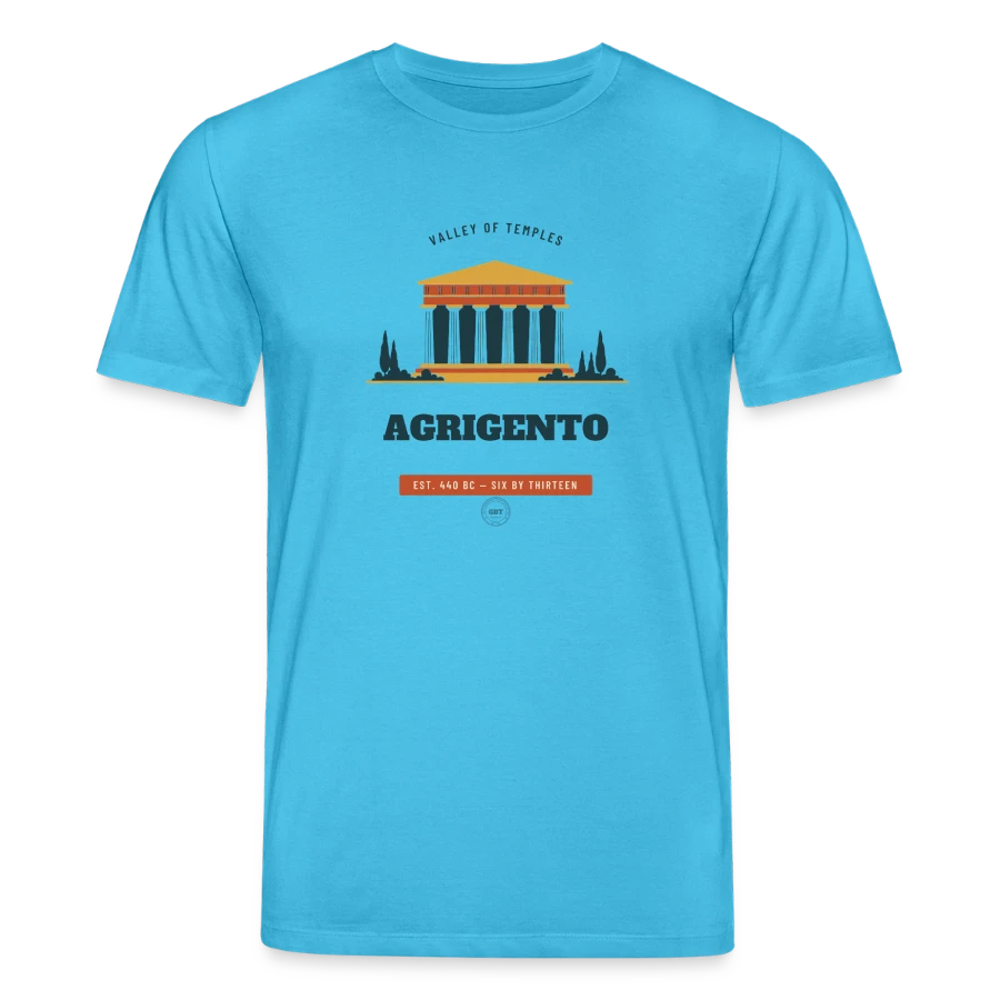 Agrigento badge on a stanley/stella creator unisex organic t-shirt, aqua blue, front