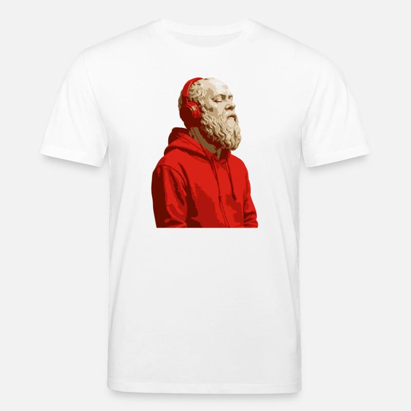 Sokrates in rotem Kapuzenpullover und Kopfhörern - Stanley/Stella Unisex Bio-T-Shirt CREATOR  - Weiß