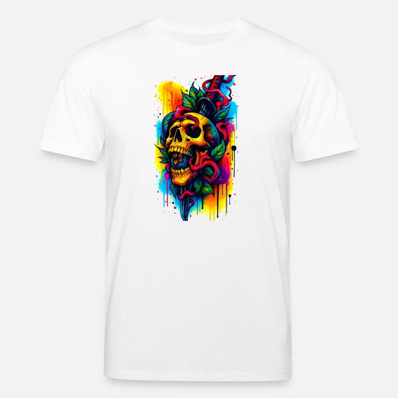 Bunter Totenschädel mit Messer und Blättern - Stanley/Stella Unisex Bio-T-Shirt CREATOR  - Weiß