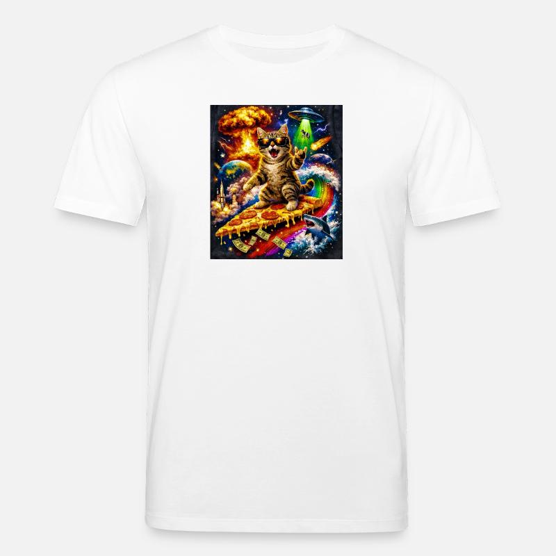 Chat de l’espace sur la pizza - T-shirt bio CREATOR Stanley/Stella Unisexe - blanc
