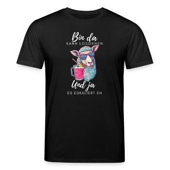Bin da kann losgehen und ja es eskaliert eh Schaf - Stanley/Stella Unisex Bio-T-Shirt CREATOR  - Schwarz - Vorne - Alina (178cm) & Michal (187cm)