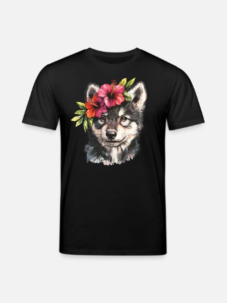 Husky with Hibiscus - Stanley/Stella CREATOR Unisex Organic T-Shirt - black