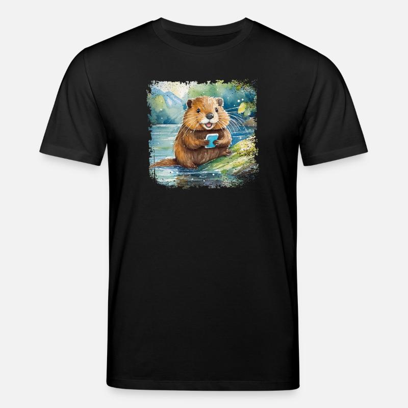Niedlicher junger Biber mit Handy - Stanley/Stella Unisex Bio-T-Shirt CREATOR  - Schwarz