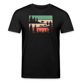 Retro Wald Natur Silhouette Bäume Motiv Wandern - Stanley/Stella Unisex Bio-T-Shirt CREATOR  - Schwarz - Vorne - Alina (178cm) & Michal (187cm)