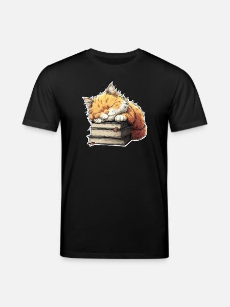 Cute Cat Sleeping on Book Pile - Stanley/Stella CREATOR Unisex Organic T-Shirt - black