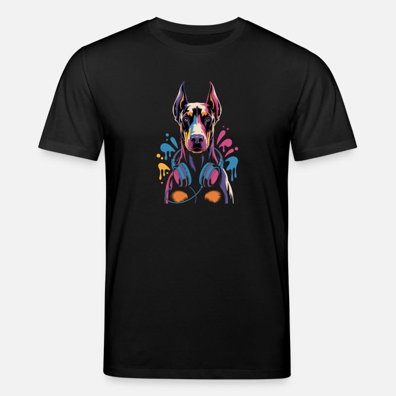 Dobermann mit Kopfhörern - Stanley/Stella Unisex Bio-T-Shirt CREATOR  - Schwarz