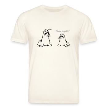 Seehund MOIN MOIN Seelöwe Comic Sprüche - Stanley/Stella Unisex Bio-T-Shirt CREATOR  - Naturweiß  - Vorne - Alina (178cm) & Michal (187cm)