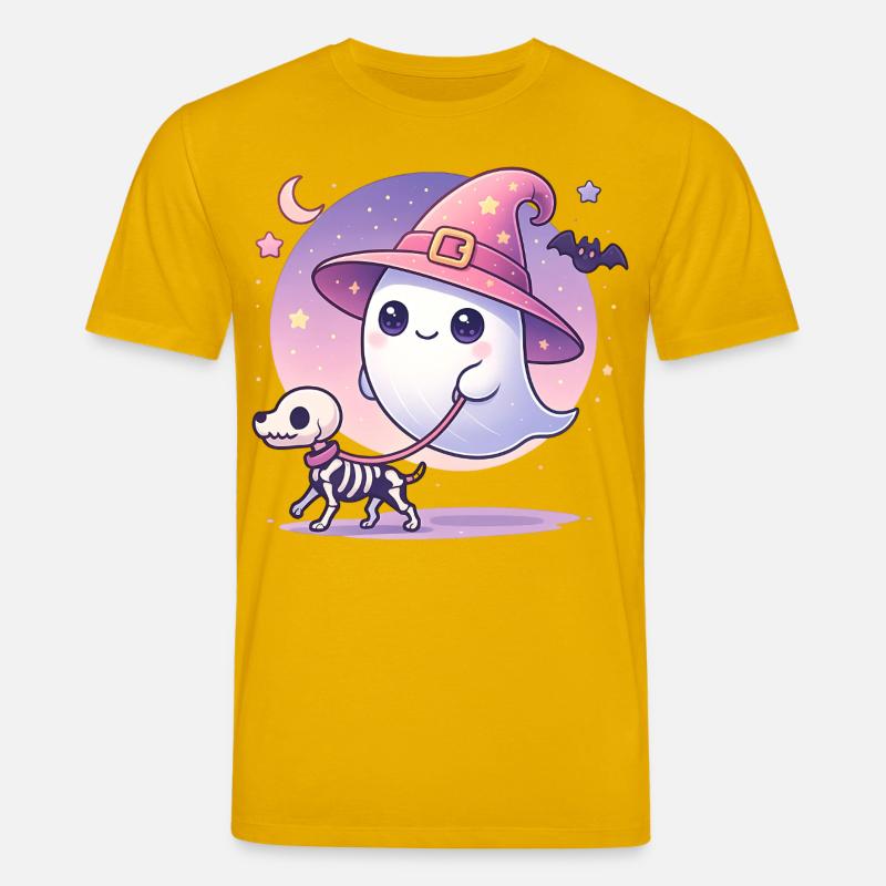 Pinker Hexen‑Geist mit Skelett‑Hund – Halloween - Stanley/Stella Unisex Bio-T-Shirt CREATOR  - Spektralgelb