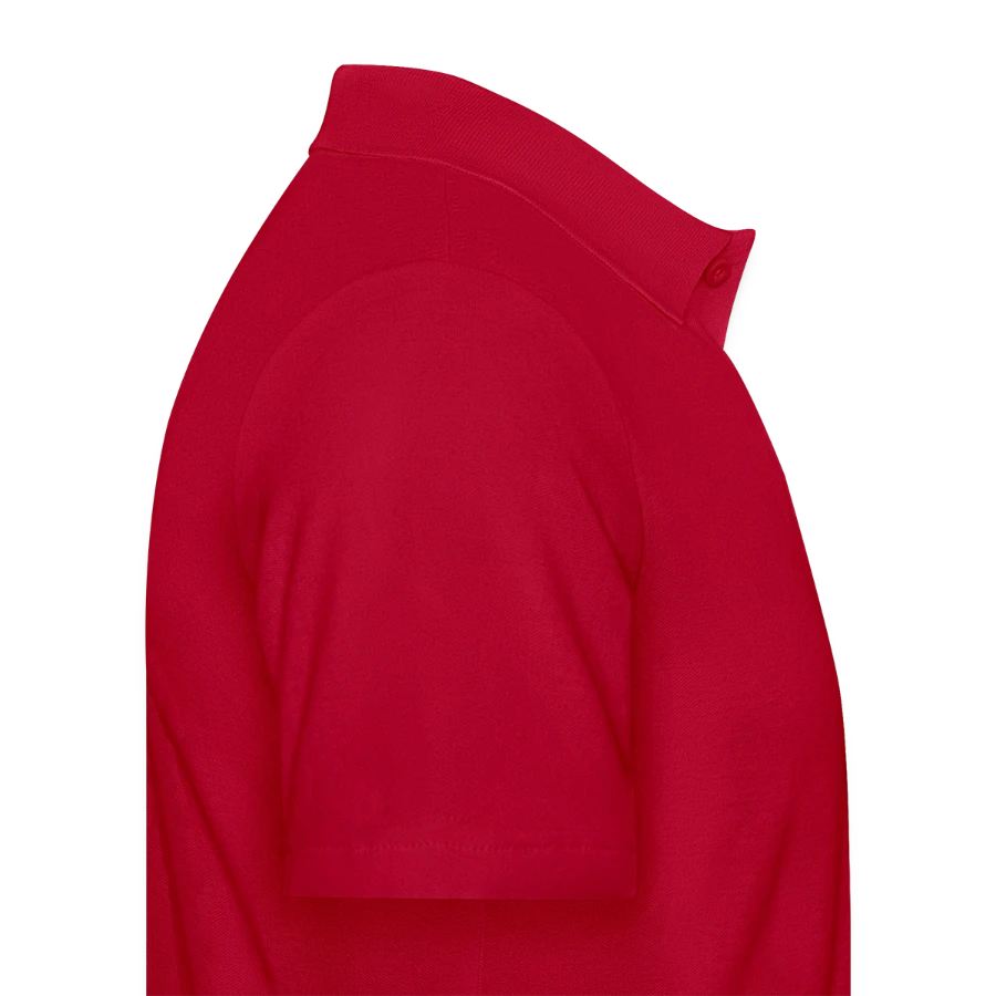 Interlaken badge on a men's polo shirt, cherry red, right
